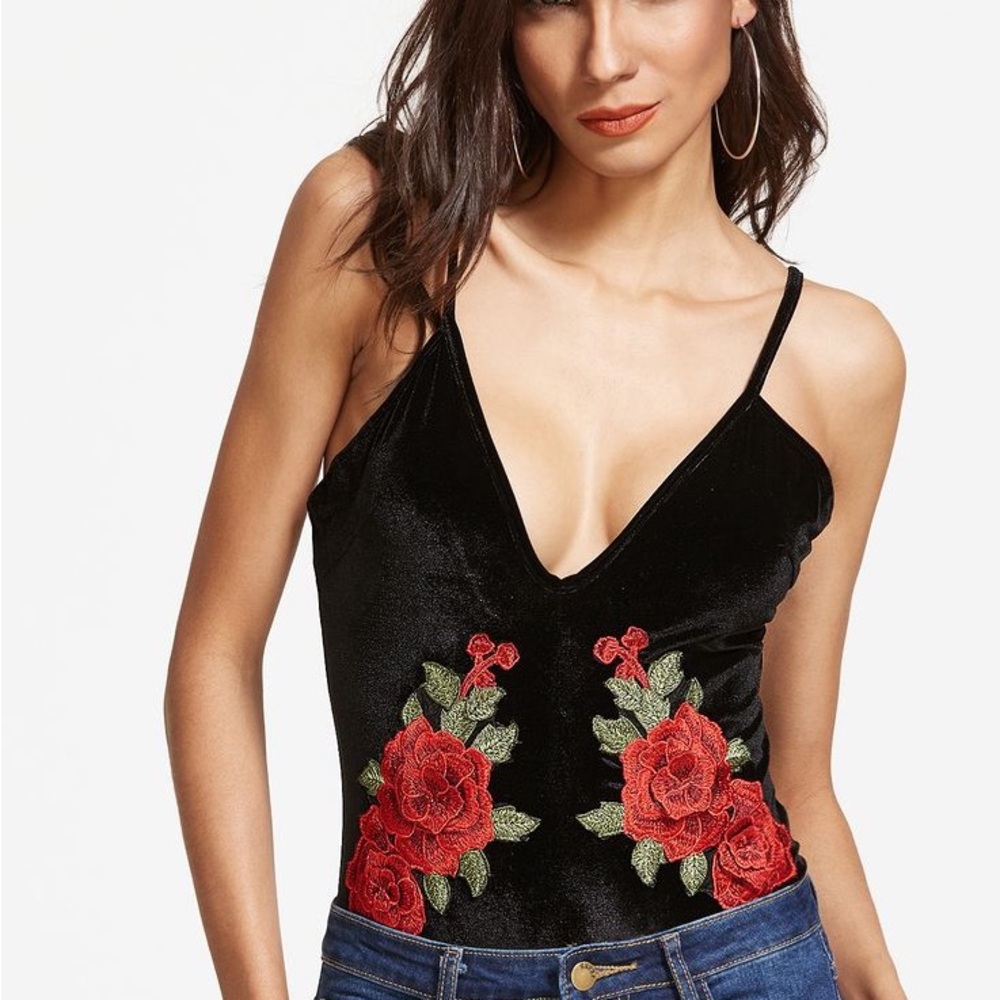 Black Floral Embroidered Women's Bodysuit - Small